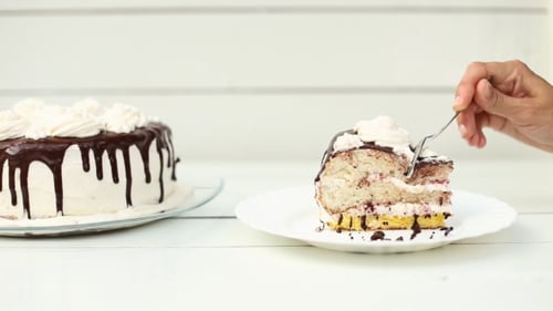 Delicious Cake Slice with Chocolate and Whipped Cream