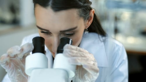 Young Woman Looking Through Microscope in Laboratory