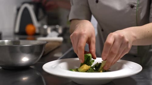 Chef Prepares a Healthy Green Salad in Kitchen