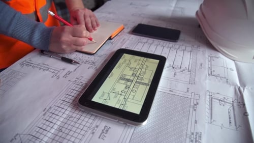 Architektin untersucht mit Tablets Blaupausen