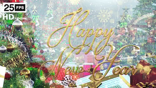Happy New Year Golden Text Reveal with Festive Christmas Trees Background