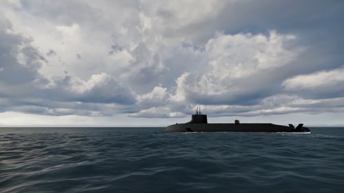 3D Animated Submarine Navigating Open Ocean Under Cloudy Sky