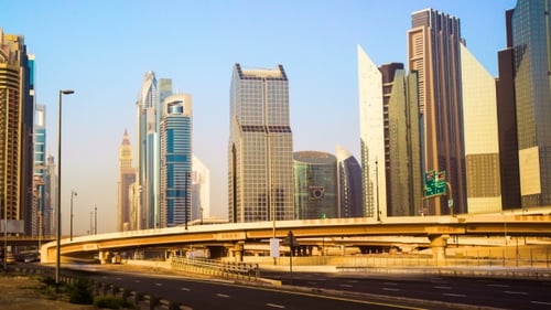 View of Skyscrapers at the Sheikh Zayed Road with Traffic in Dubai