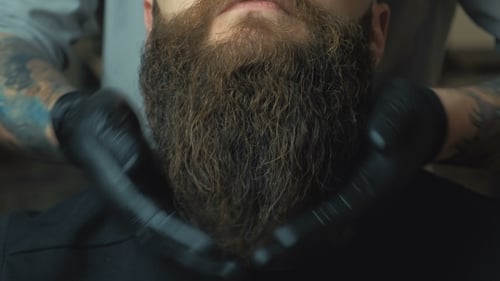 Barber Grooming Man's Beard With Black Gloves Close-up