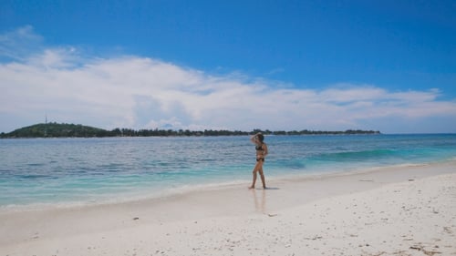 A Tanned Slim Woman in Black Bathing Suit Walking on a Sunny Day on the Edge of the Ocean and the