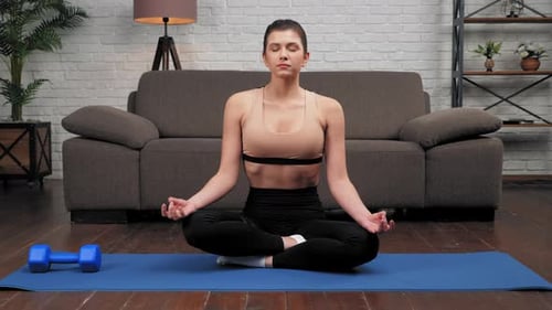 Calm Young Sportive Woman in Sportswear Practices Yoga at Home in Living Room
