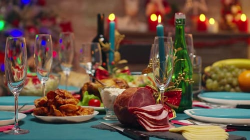 Holiday Feast with Ham, Wine, and Candles