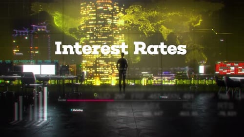 Finance Businessman in Office With Interest Rates Text