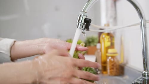 Close up of Woman Hand Washing a Fresh Vegetables
