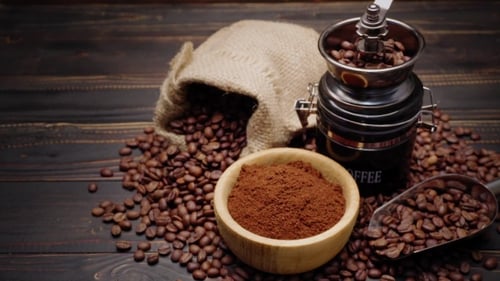 Coffee Beans, Ground Coffee, and Vintage Grinder Still