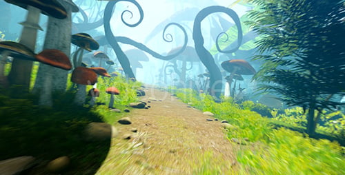 Magical Fairy Forest With Trees And Mushrooms