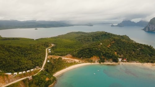 The Beautiful Bay with Mountains Rocks Aerial View. Tropical Islands.