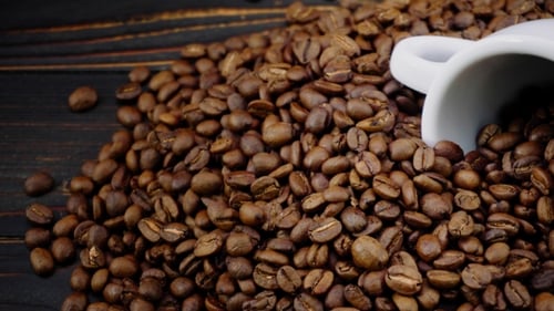 Roasted Coffee Beans with White Cup Close Up