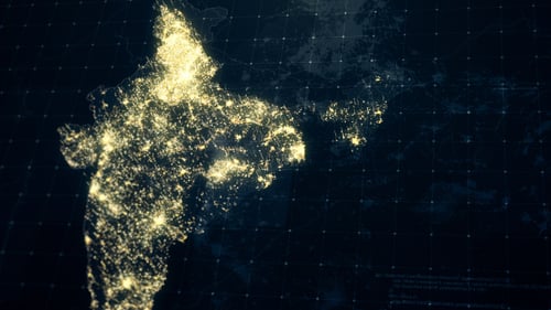 India Map with Glowing Tech Network and City Lights