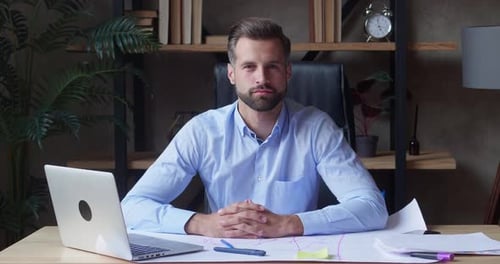 Portrait of Sincerely Smiling Young Handsome Caucasian Bearded Businessman Worker Employee