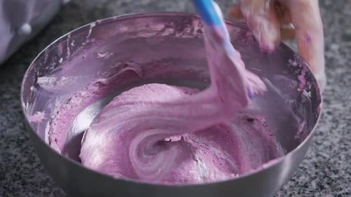 Confectioner Plastic Spatula Gently Stirs the Mixture for To Prepare Original Sweets