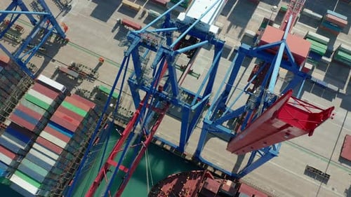 Aerial View. International Port with Crane Loading Containers in Import Export Business Logistics