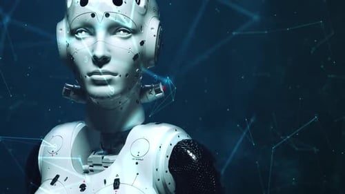 3D Futuristic Android Robot with Glowing Digital Network Background