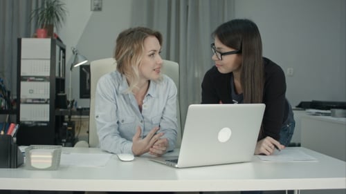 Smiling Women Discussing Business Project in Office