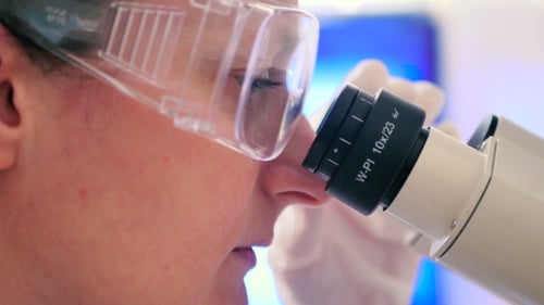 Scientist Uses Microscope in a Bright Laboratory