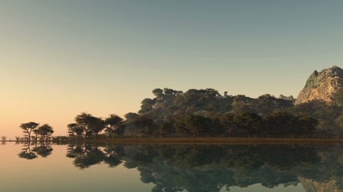 Sunset and Island with Forest at Ocean