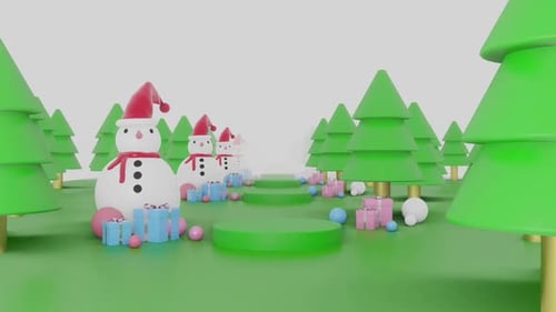 3D Animated Christmas Scene with Snowmen and Gift Boxes