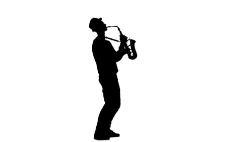 Jazz Melodies Performed By Young Musician. Silhouette on White Background