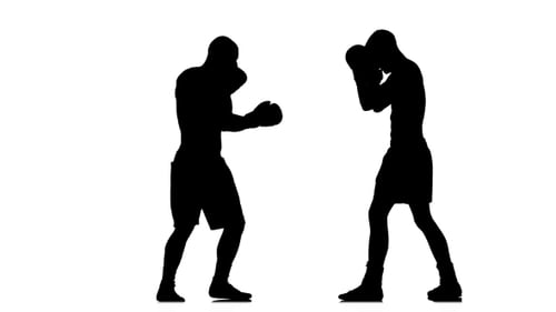 Serie Blows and Blocks at the Training Two Boxers. Silhouette