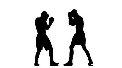 Silhouette of Sportsmen Training. Two Kickboxer Sparring