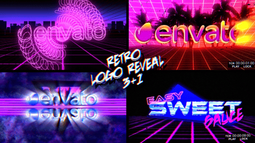 Retro Neon Glitch Logo Reveals with 80s Grid Animation