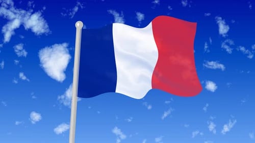 French Flag Waving Against Blue Sky With White Clouds