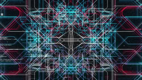 Technological high tech background of a complex tunnel made by colorful narrow lines