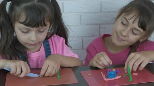Cute Girls Crafting with Colorful Modelling Clay