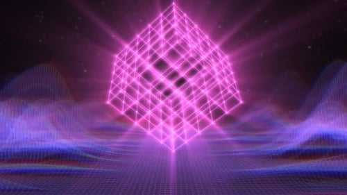 Cube filaire laser 3D Synthwave rétro pivotant sur une grille néon des années 80 - 1080p