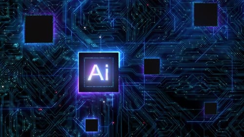 AI Chip on Futuristic Digital Circuit Board Animation