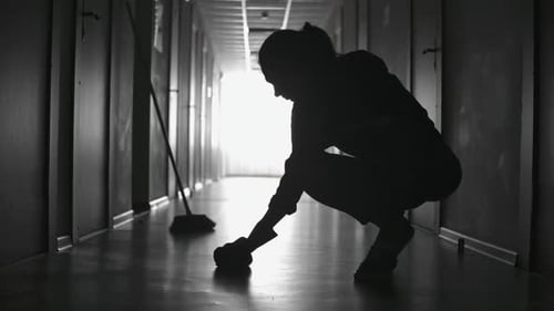 Plancher à récurer le concierge fatigué