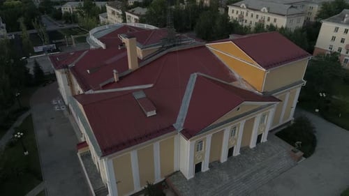 Aerial view of beautiful house of culture. Summer, evening. 14