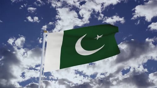 Pakistan National Flag Waving Against a Cloudy Blue Sky