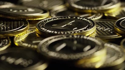 Rotierende Aufnahme von Bitcoins (digitale Kryptowährung) - BITCOIN LITECOIN 335