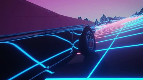 Retro Futuristic Car Driving on Synthwave Neon Grid