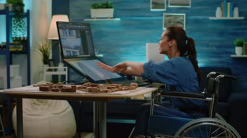 Engineer with Disability Using Touch Screen for Building Model