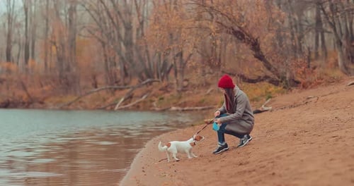 Puppy Pulls the Mistress To the River for a Horseshoe, a Canopy Walk. Girl Is Sitting By the River