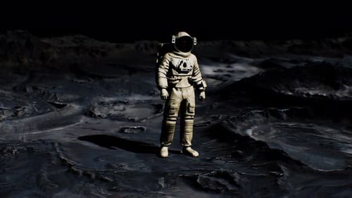 Astronaut Standing on Dark Moon-like Planet Surface in Space