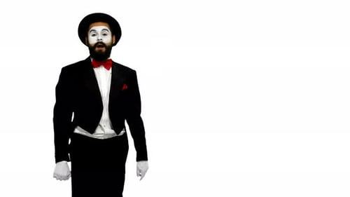 Man Mime Shows Something in Air on White Background