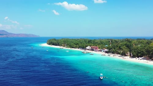 Luxury flying island view of a white paradise beach and aqua blue water background in colourful