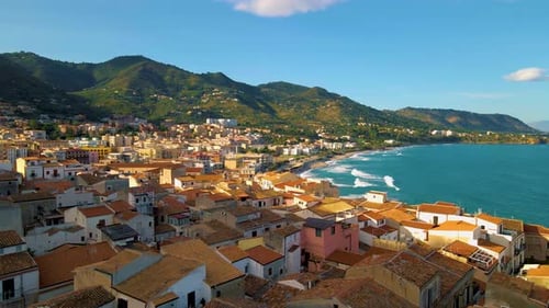 Sandy Beach and Blue Sea in Cefalu Town in Italian Metropolitan City of Palermo Located on