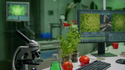 Close Up of Scientific Research Laboratory with Glass Test Tubes Flask Microscope
