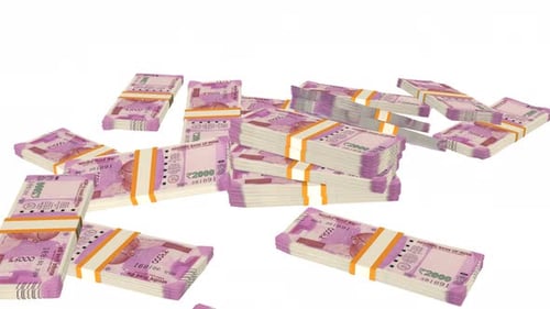 Falling Stacks of Indian Rupee 2000 Banknotes