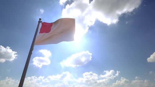 Realistic Red and White Flag Waving in Sunny Sky