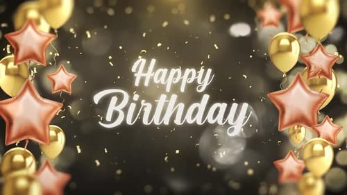 Happy Birthday Celebration with Golden Balloons and Confetti